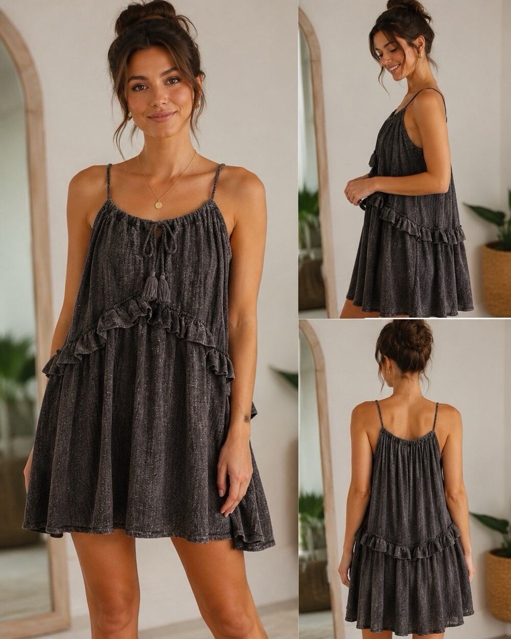 FP Beach Free People Rosaline Tunic Mini Dress Gray Spaghetti Straps Tiered Knit